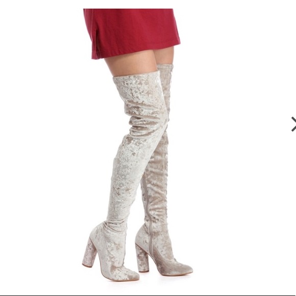 grey velvet thigh high boots